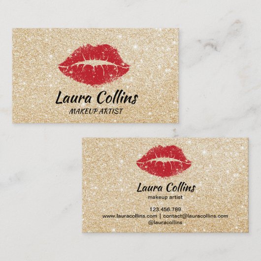 Faux gouden folie met rode lippen make-up artist k visitekaartje (Voorkant / Achterkant)