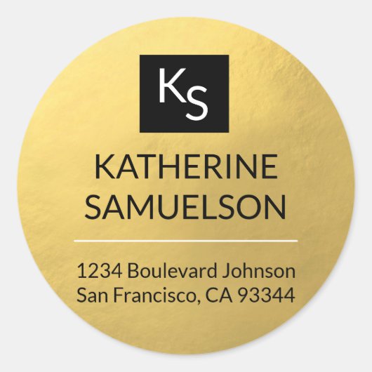 Faux GOUDEN FOLIE Naam MONOGRAM & Retouradres Ronde Sticker (Voorkant)