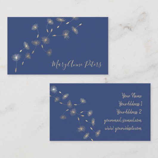 Faux gouden folie paardenbloemen op blauwe achterg visitekaartje (Voorkant / Achterkant)