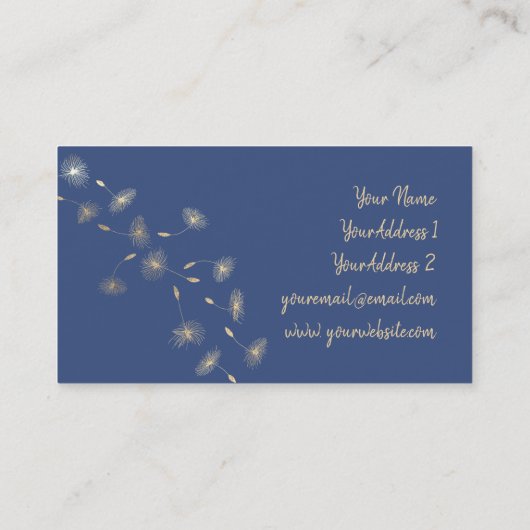 Faux gouden folie paardenbloemen op blauwe achterg visitekaartje (Achterkant)