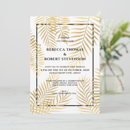 Faux gouden folie palm bladeren tropische strand b kaart (Staand voorkant)