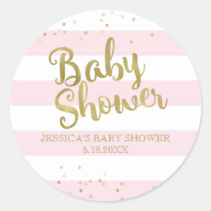 Faux Gouden Folie Roze Strepen Baby shower Meisje Ronde Sticker
