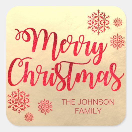 Faux Gouden folie Vrolijke Kerstmis Rode Sneeuwvlo Vierkante Sticker (Voorkant)