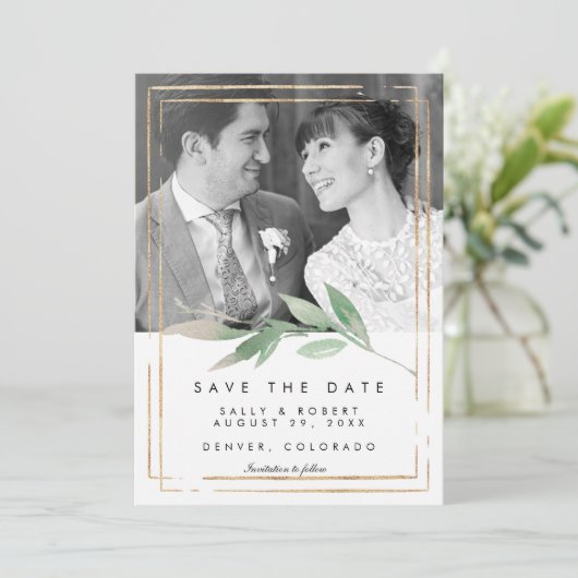faux gouden foto's bruiloft met datumkaart bedankkaart (Staand voorkant)