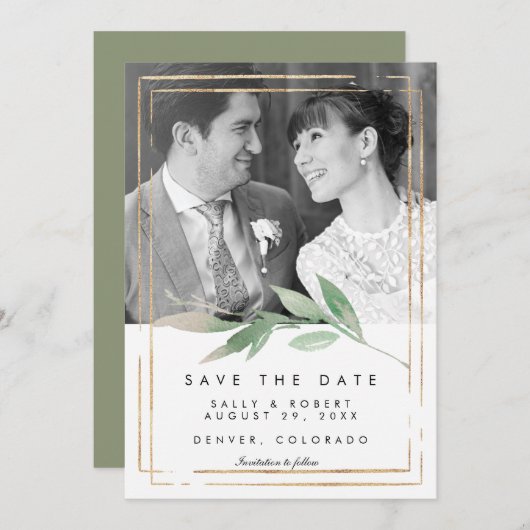 faux gouden foto's bruiloft met datumkaart bedankkaart (Voorkant / Achterkant)