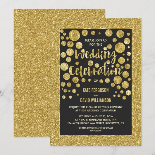 Faux gouden glitter en confetti huwelijksuitnodigi kaart (Voorkant / Achterkant)