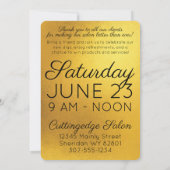 Faux gouden haren, schoonheidssalon grote opening kaart (Achterkant)