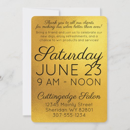 Faux gouden haren, schoonheidssalon grote opening kaart (Achterkant)
