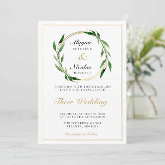 Faux Gouden Krans Bruiloft uitnodiging (Staand voorkant)