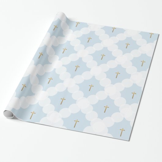 Faux gouden kruis witte cirkel patroon doop cadeaupapier (Uitgerold)