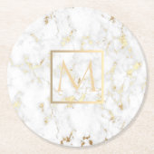 Faux gouden monogram op witte marmeren steen ronde kartonnen onderzetter (Voorkant)