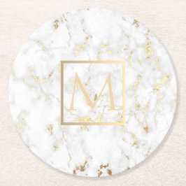 Faux gouden monogram op witte marmeren steen ronde kartonnen onderzetter