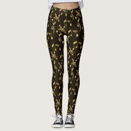 Faux gouden muzieknoten op bruin zwart leggings