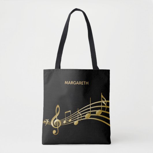 Faux gouden muzieknoten op een zwarte achtergrond tote bag (Voorkant)