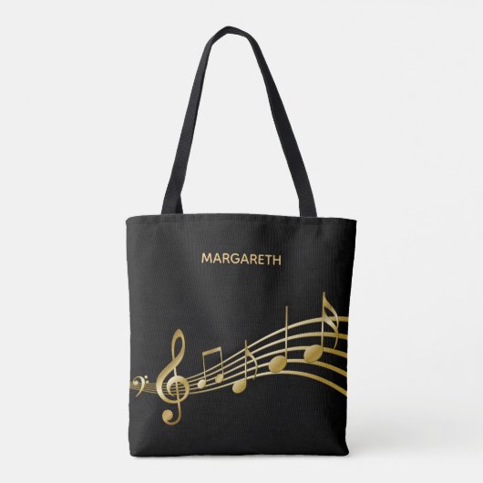Faux gouden muzieknoten op een zwarte achtergrond tote bag (Achterkant)