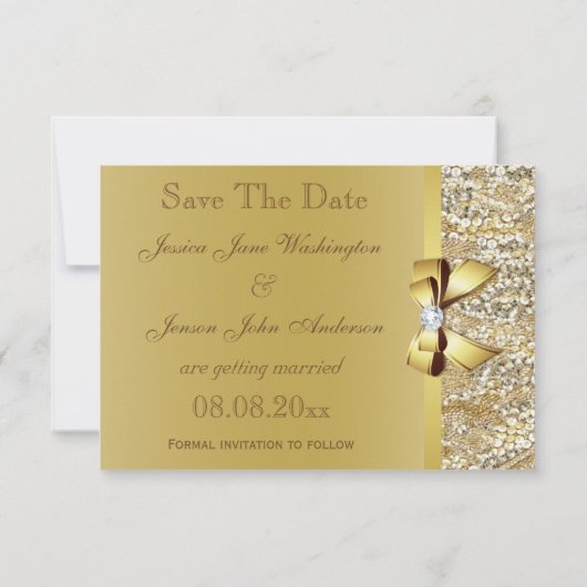 Faux gouden pailletten en strik bruiloft opslaan v save the date (Achterkant)