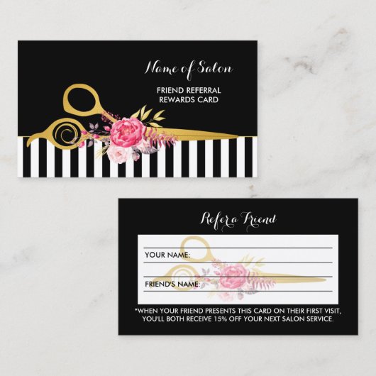 Faux Gouden Schaar Roze Bloemen Haar Salon Verwijz Aanbevelingskaartje (Voorkant / Achterkant)