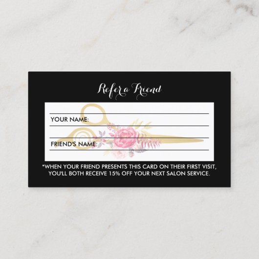 Faux Gouden Schaar Roze Bloemen Haar Salon Verwijz Aanbevelingskaartje (Achterkant)