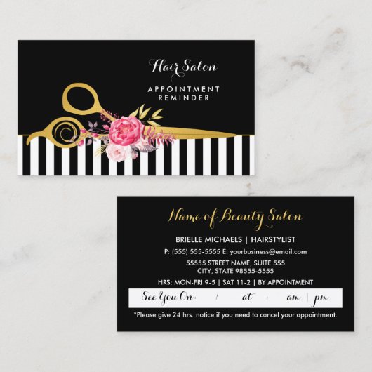 Faux Gouden Schaar Roze Bloemen Salon Afspraak Afsprakenkaartje (Voorkant / Achterkant)