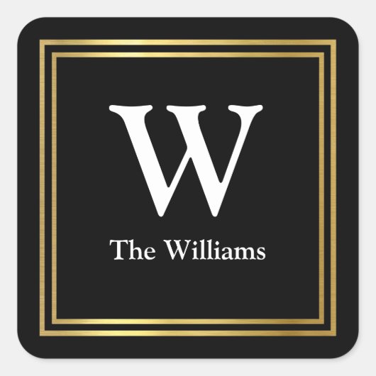 Faux gouden vierkant met familie initiaal & naam vierkante sticker (Voorkant)