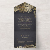 Faux gouden zwarte elegante  bruiloft all in one uitnodiging (Binnen)