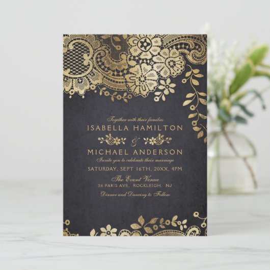 Faux gouden zwarte elegante  bruiloft kaart (Staand voorkant)