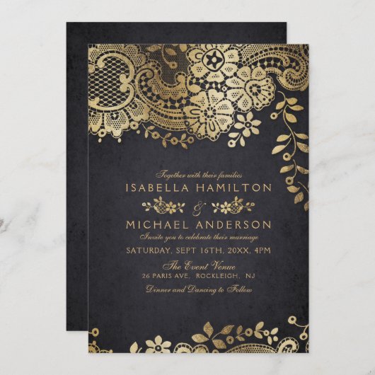 Faux gouden zwarte elegante  bruiloft kaart (Voorkant / Achterkant)