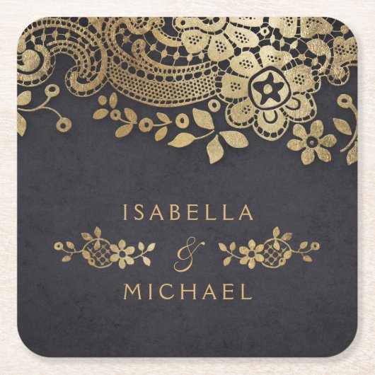 Faux gouden zwarte elegante  bruiloft kartonnen onderzetters (Voorkant)