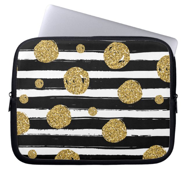 Faux goudglitter stippen Zwarte witte strepen Laptop Sleeve (Voorkant)