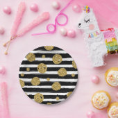 Faux goudglitter stippen Zwarte witte strepen Papieren Bordje (Feest)