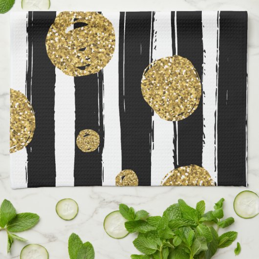 Faux goudglitter-stippen Zwarte witte strepen Theedoek (Gevouwen)