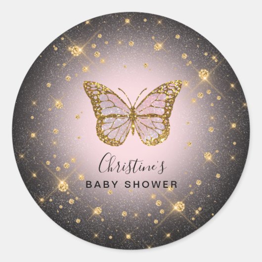 faux goudglitter vlinder ronde sticker (Voorkant)