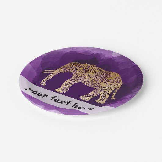 faux goudstamolifant paarse borstelslag papieren bordje (Gekanteld)