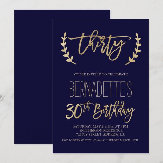 Faux goudtypografie blauw 30th Birthday Kaart (Voorkant / Achterkant)