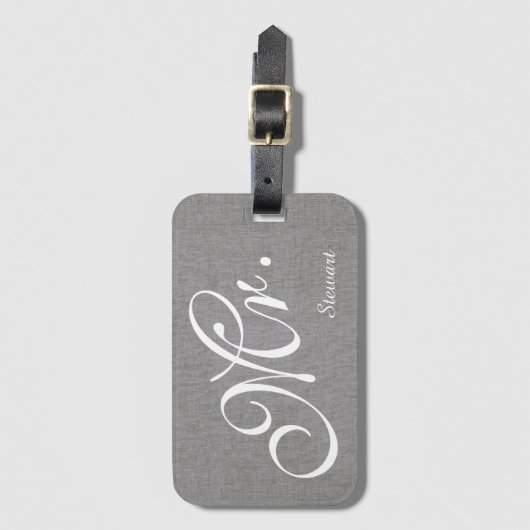 Faux Gray Linen Pas getrouwd de heer Husband Groom Bagagelabel (Voorkant (verticaal))