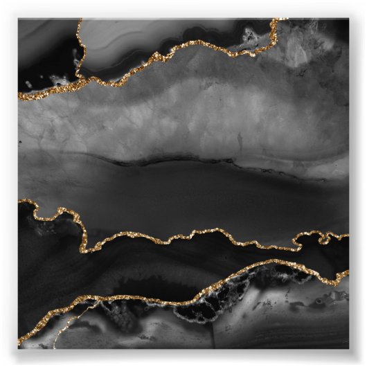 Faux Gray Marged Agate Golden Glitter Black Stone Foto Afdruk (Voorkant)