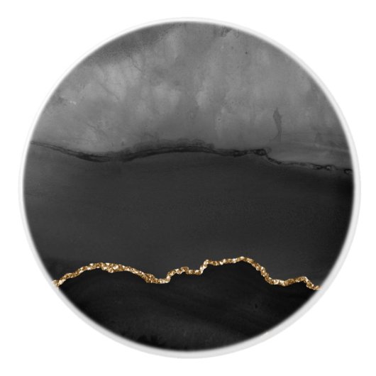 Faux Gray Marged Agate Golden Glitter Black Stone Keramische Knop (Voorkant)