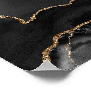 Faux Gray Marged Agate Golden Glitter Black Stone Poster