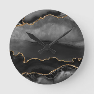 Faux Gray Marged Agate Golden Glitter Black Stone Ronde Klok