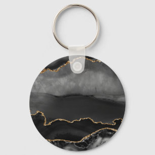Faux Gray Marged Agate Golden Glitter Black Stone Sleutelhanger