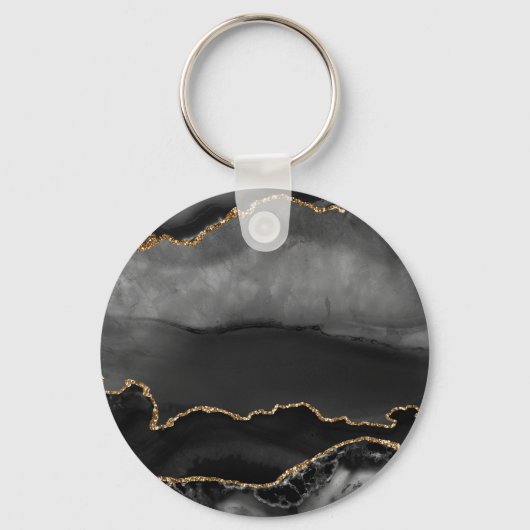 Faux Gray Marged Agate Golden Glitter Black Stone Sleutelhanger (Voorkant)