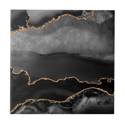 Faux Gray Marged Agate Golden Glitter Black Stone Tegeltje (Voorkant)