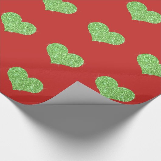 Faux Green Glitter Heart op rood Cadeaupapier (Hoek)