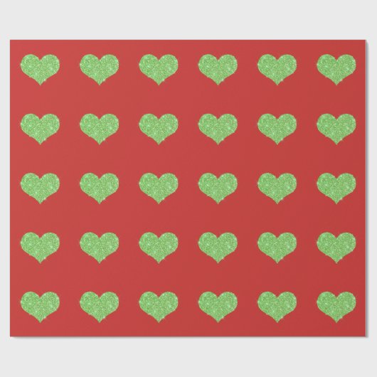 Faux Green Glitter Heart op rood Cadeaupapier (Vlak)