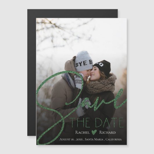 Faux Green Glitter Wedding Photo Save the Date Magnetische Uitnodiging (Voorkant / Achterkant)