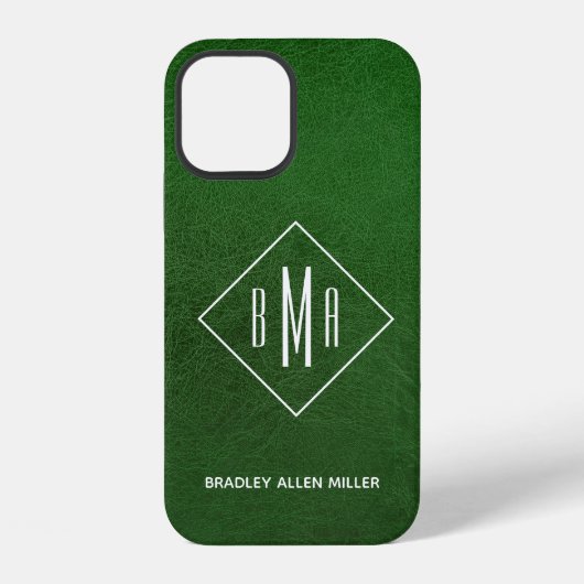 Faux Green Leather White Monogram op maat gemaakt iPhone Hoesje (Achterkant)