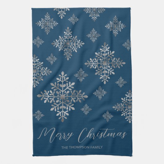 Faux Grey Folie Snowflakes op blauw (geen echte Fo Theedoek (Verticaal)