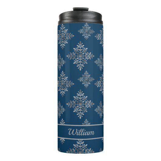 Faux Grey Folie Snowflakes op blauw (geen echte Fo Thermosbeker (Voorkant)