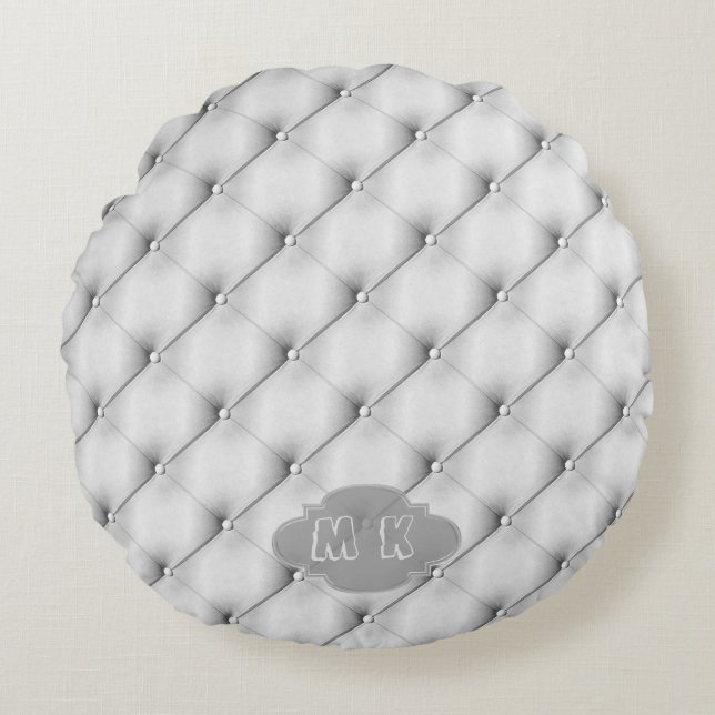 Faux Grey Leather Upholstery Custom Monogram Rond Kussen (Voorkant)