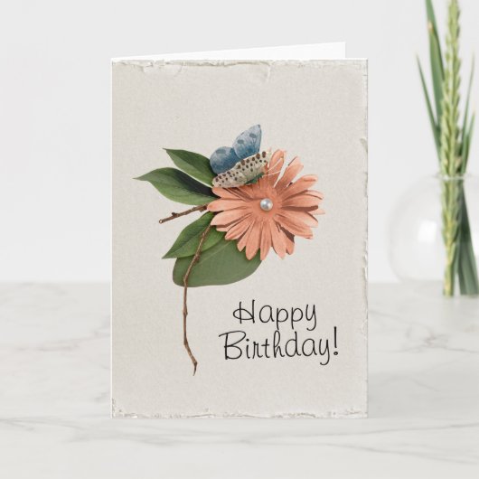 Faux Handmade Happy Birthday Flower Butterfly Kaart (Voorkant)